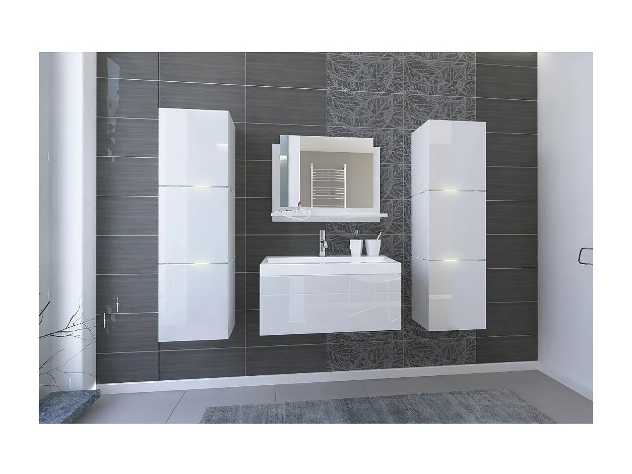 Conjunto de muebles de baño blanco colección OWL. 2 columnas, mueble bajo lavabo, lavabo de 80 cm, espejo, sifón y leds.