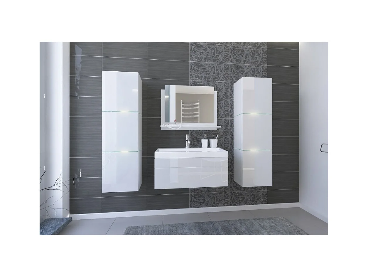 Ensemble meubles de salle de bain blanc collection OWL. 2 Colonnes, meuble sous vasque, vasque 80cm, miroir, siphon et leds.