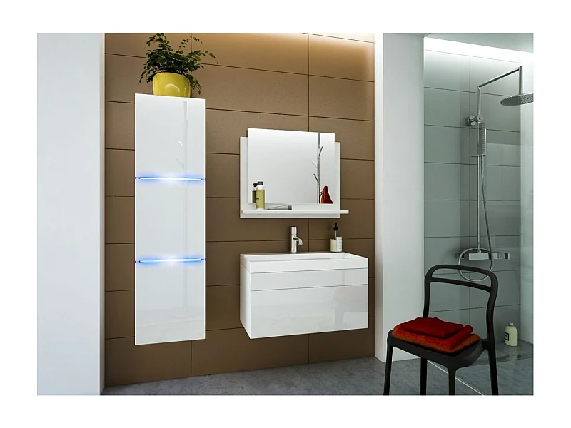 Conjunto de móveis para banheiro branco da coleção RAVEN. Coluna, móvel sob a pia, pia de 80cm, espelho, sifão e leds.