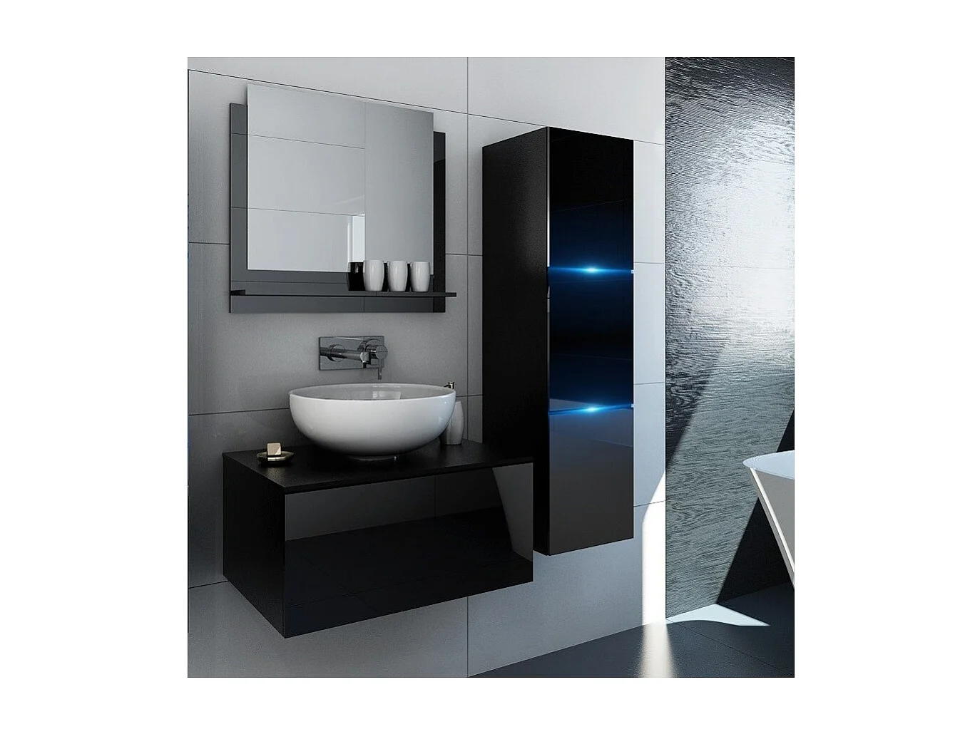 Conjunto de muebles de baño negro colección OWL. Columna, mueble bajo lavabo, espejo, sifón y leds.
