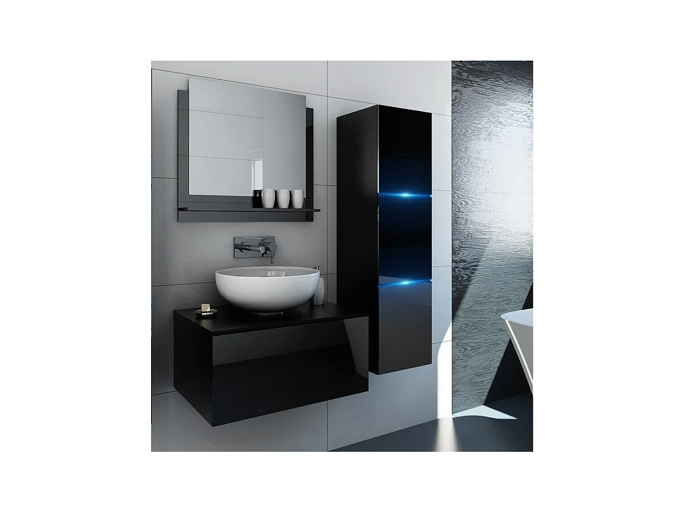 Ensemble meubles de salle de bain noir collection OWL. Colonne, meuble sous vasque, miroir, siphon et leds.