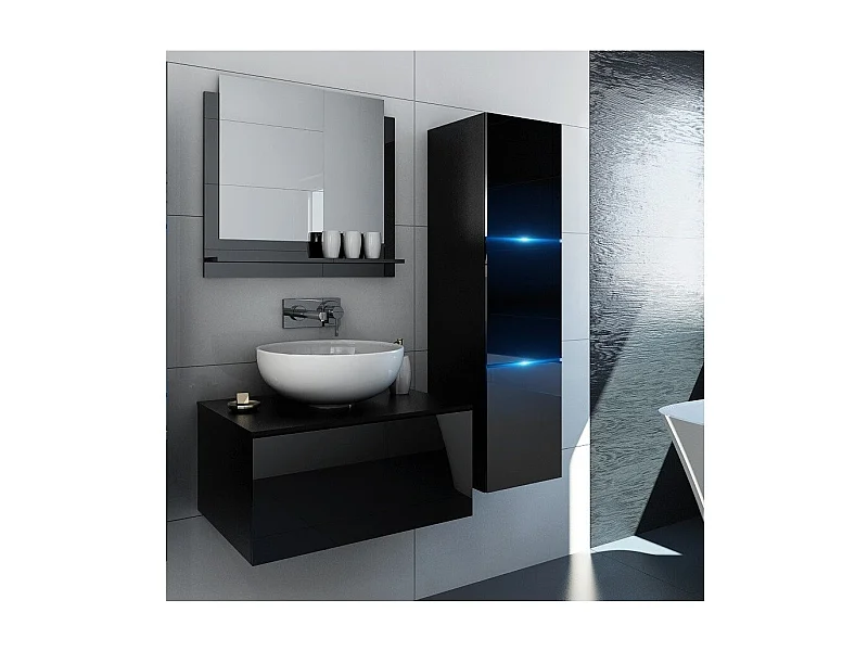 Ensemble meubles de salle de bain noir collection OWL. Colonne, meuble sous vasque, miroir, siphon et leds.