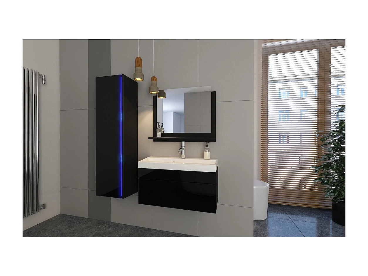 Conjunto de muebles de baño negro colección BIRD, columna, mueble bajo lavabo de 80 cm, espejo.