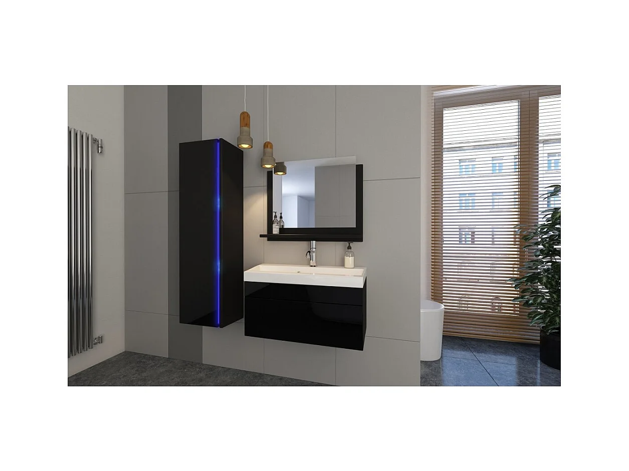 Ensemble meubles de salle de bain noir collection BIRD, colonne, meuble sous vasque 80 cm, miroir