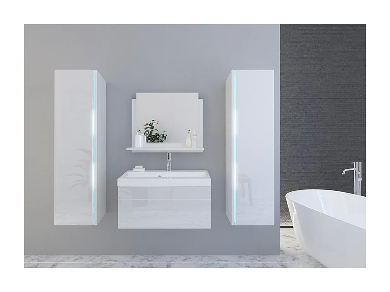 Ensemble meubles de salle de bain blanc collection BIRD, colonnes, meuble sous vasque 80 cm, miroir, siphon et LEDs