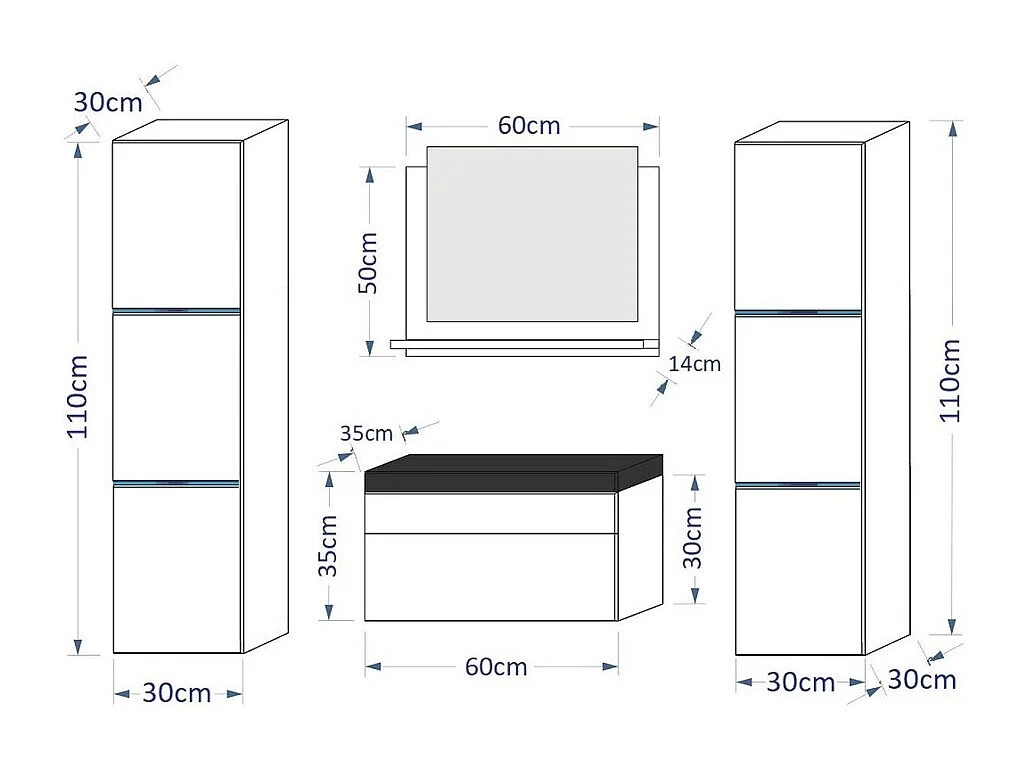 Ensemble meubles de salle de bain blanc, collection RAVEN, colonnes, miroir, meuble sous vasque