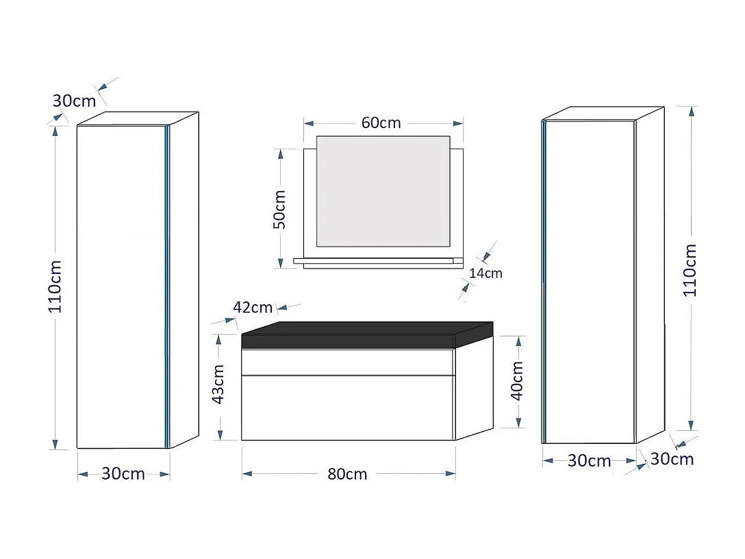 Conjunto de muebles de baño negro colección BIRD. 2 columnas, mueble bajo lavabo, lavabo de 80 cm, espejo, sifón y luces LED.
