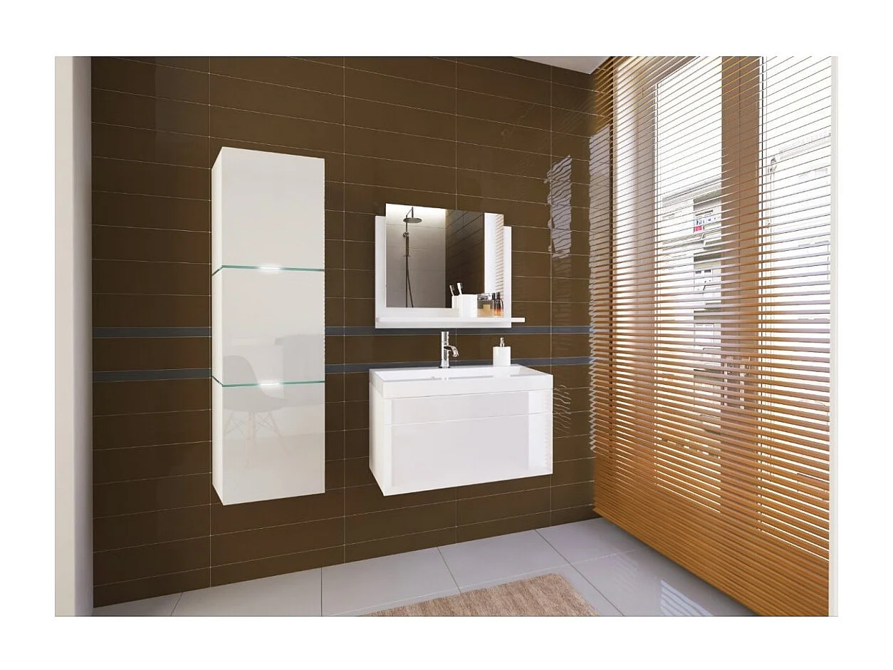 Ensemble 4 meubles de salle de bain blanc collection OWL. Colonne, meuble sous vasque, vasque 80cm