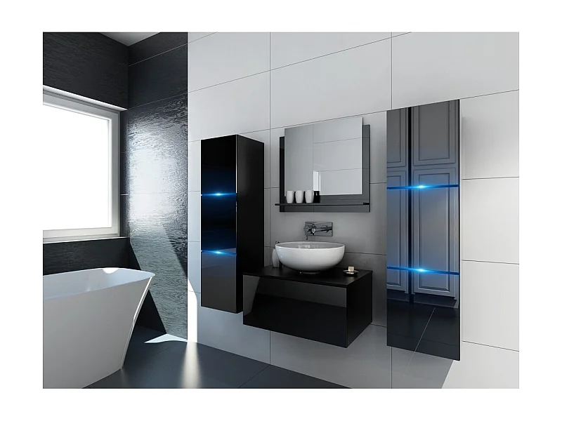 Conjunto de muebles de baño negro colección OWL. 2 columnas, mueble bajo lavabo, espejo.