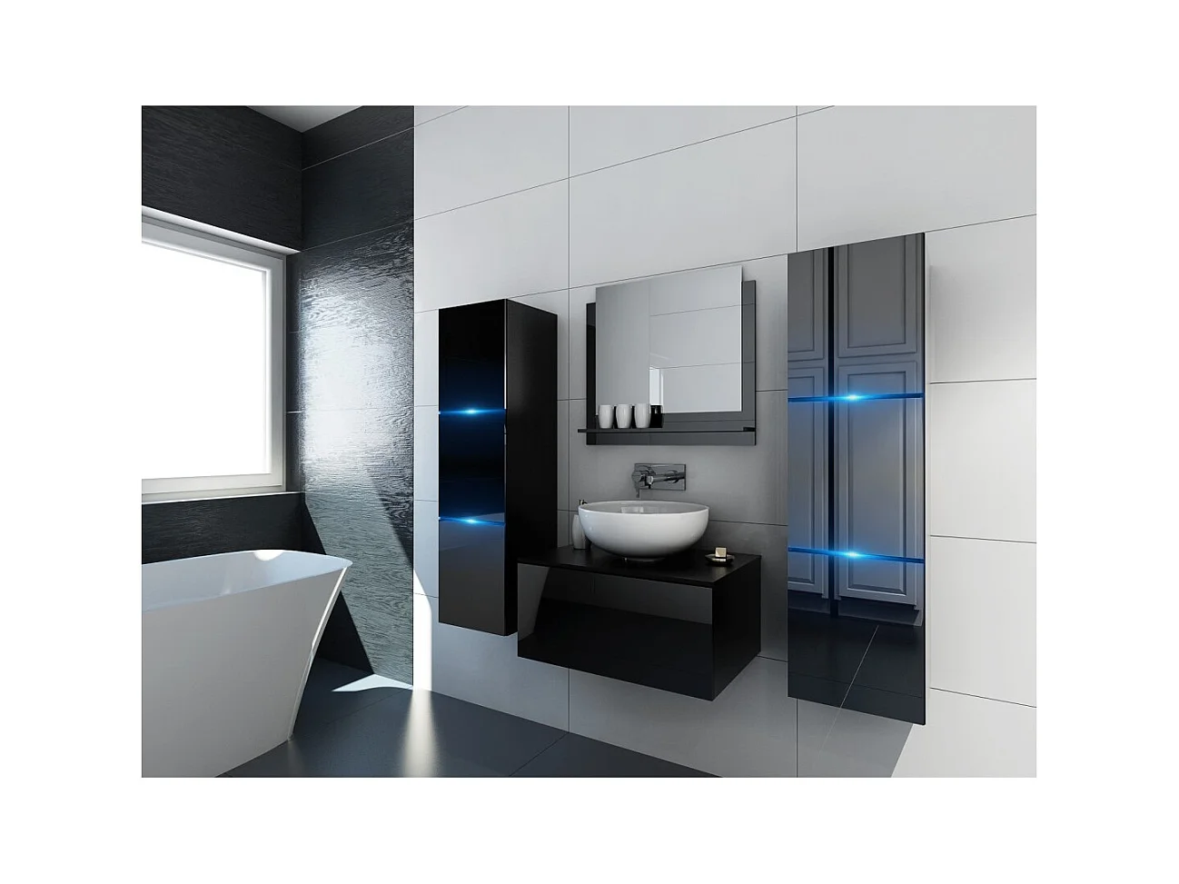 Ensemble meubles de salle de bain noir collection OWL. 2 colonnes, meuble sous vasque, miroir