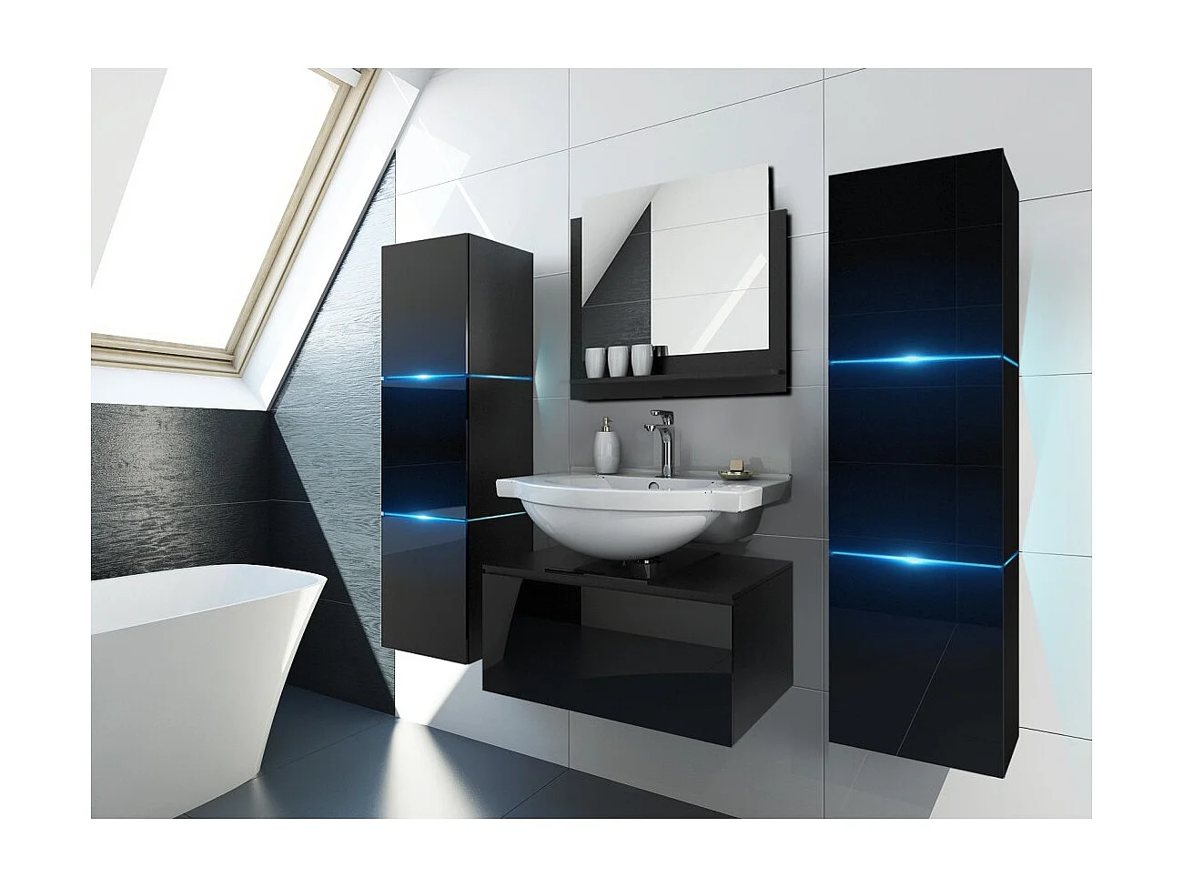 Conjunto de muebles de baño negro colección OWL. 2 columnas 37x110x35, mueble bajo lavabo.