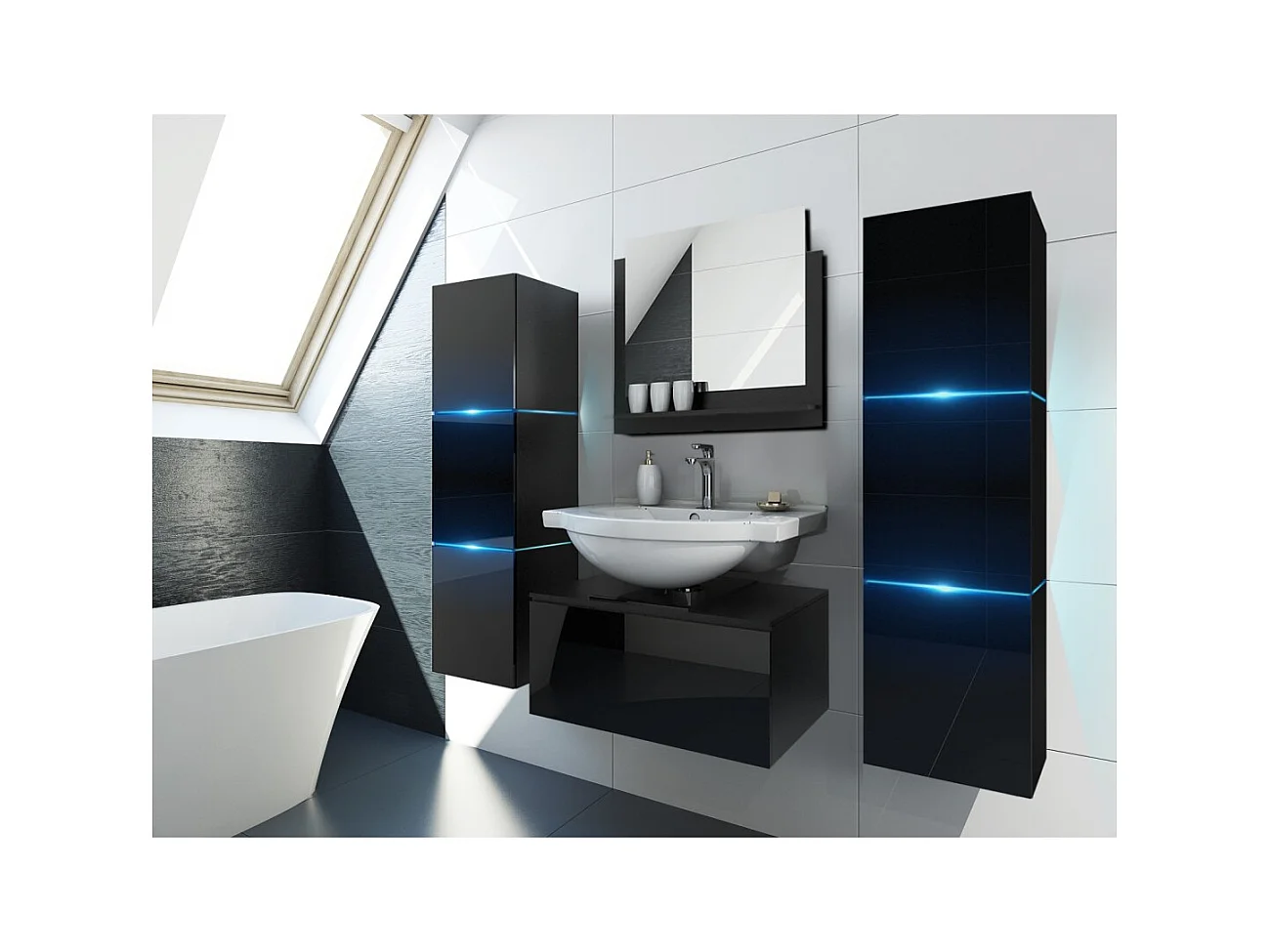 Ensemble meubles de salle de bain noir collection OWL. 2 colonnes 37x110x35, meuble sous vasque