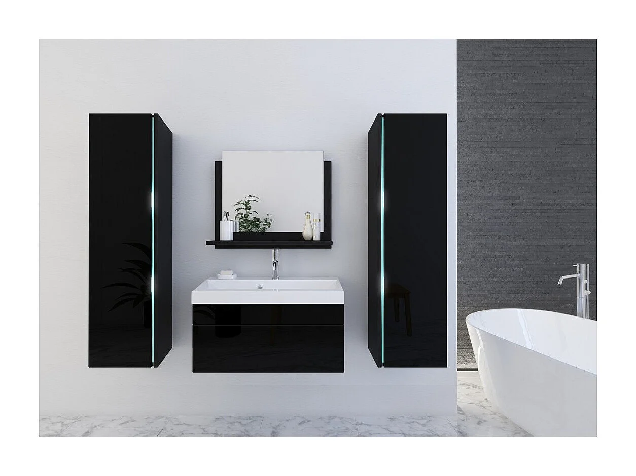Conjunto de muebles de baño negro colección BIRD. 2 columnas, mueble bajo lavabo, lavabo de 60cm, espejo, sifón y luces LED.