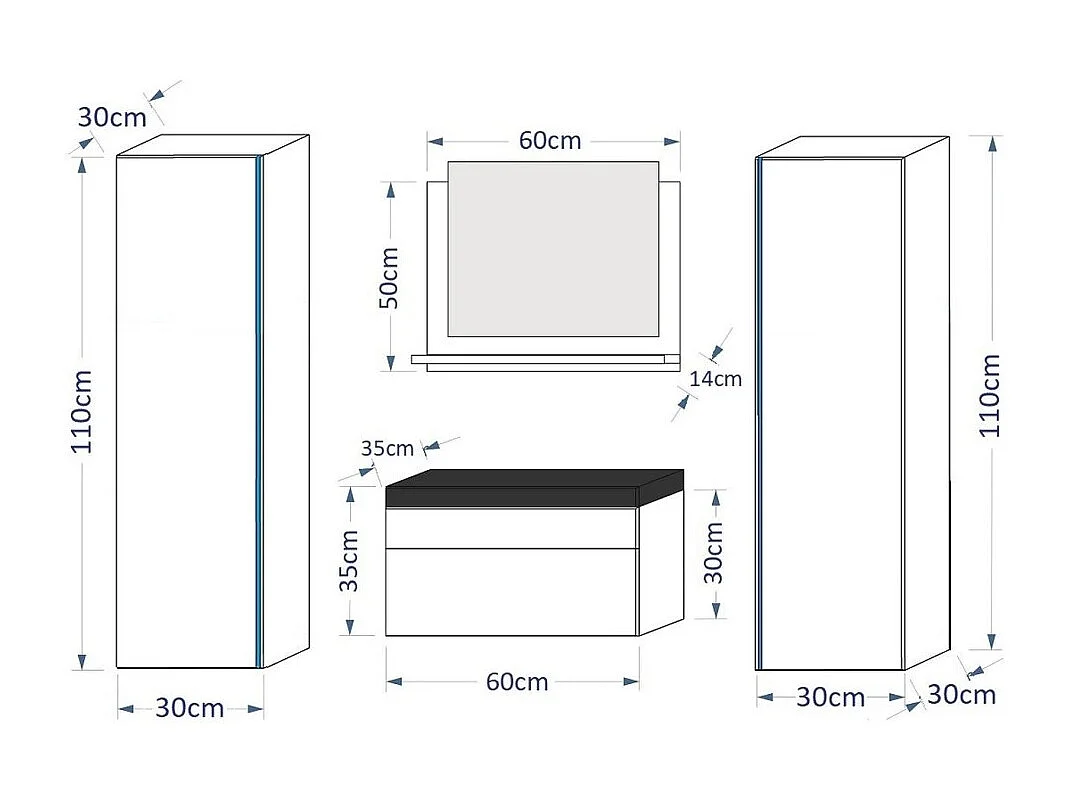 Conjunto de muebles de baño negro colección BIRD. 2 columnas, mueble bajo lavabo, lavabo de 60cm, espejo, sifón y luces LED.