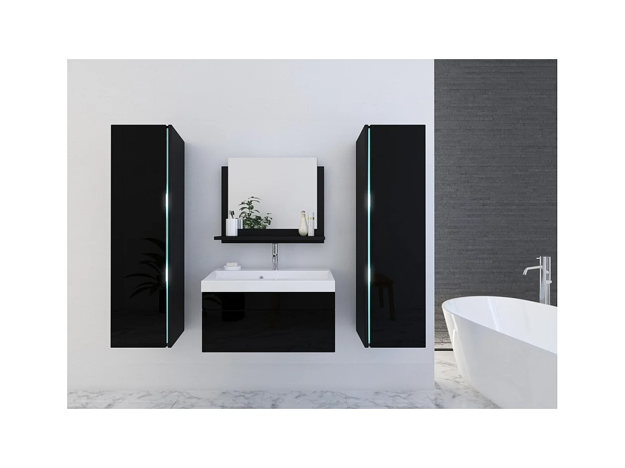 Ensemble meubles de salle de bain noir collection BIRD. 2 Colonnes, Meuble sous vasque, Vasque 60cm, Miroir, Siphon et Leds