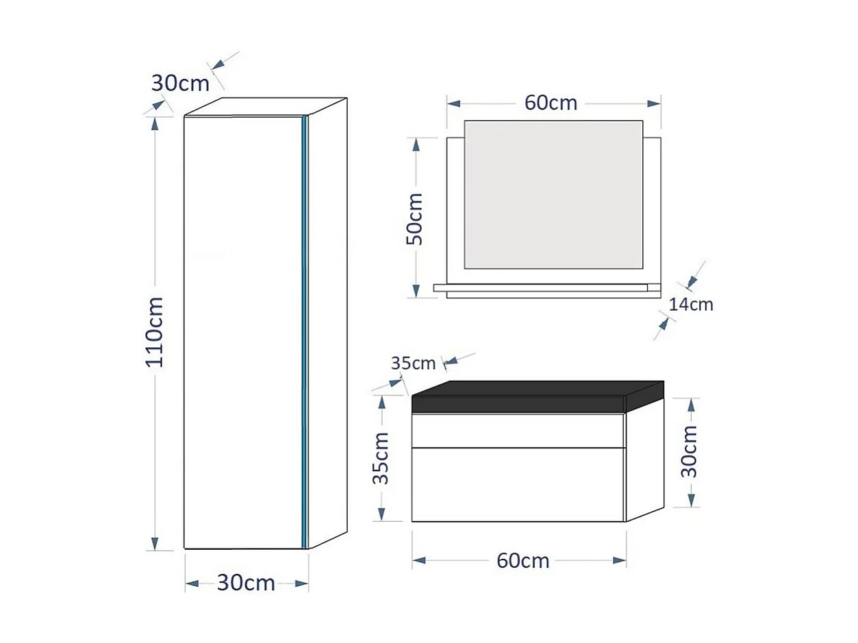 Set di mobili da bagno neri, collezione BIRD. Colonna, mobile sottolavabo, lavabo 60cm.