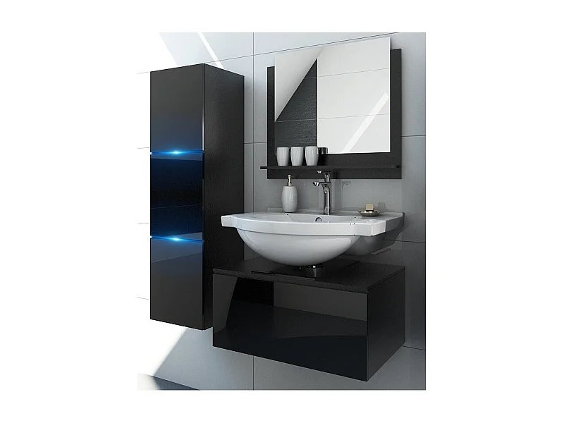 Conjunto de muebles de baño negro colección OWL. Columna, mueble bajo lavabo, espejo, sifón y leds.