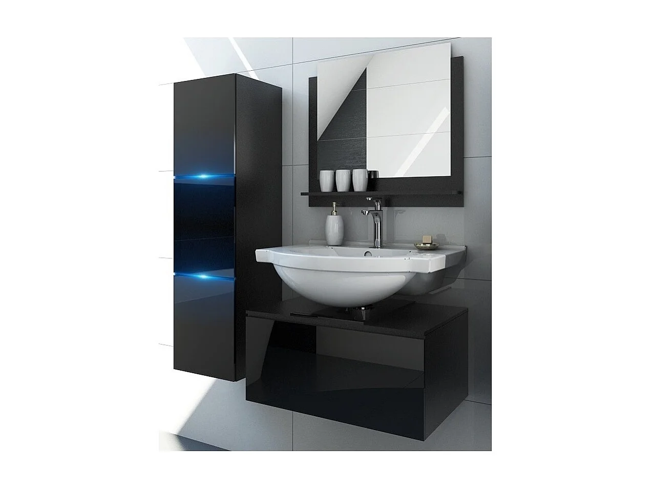 Conjunto de muebles de baño negro colección OWL. Columna, mueble bajo lavabo, espejo, sifón y leds.