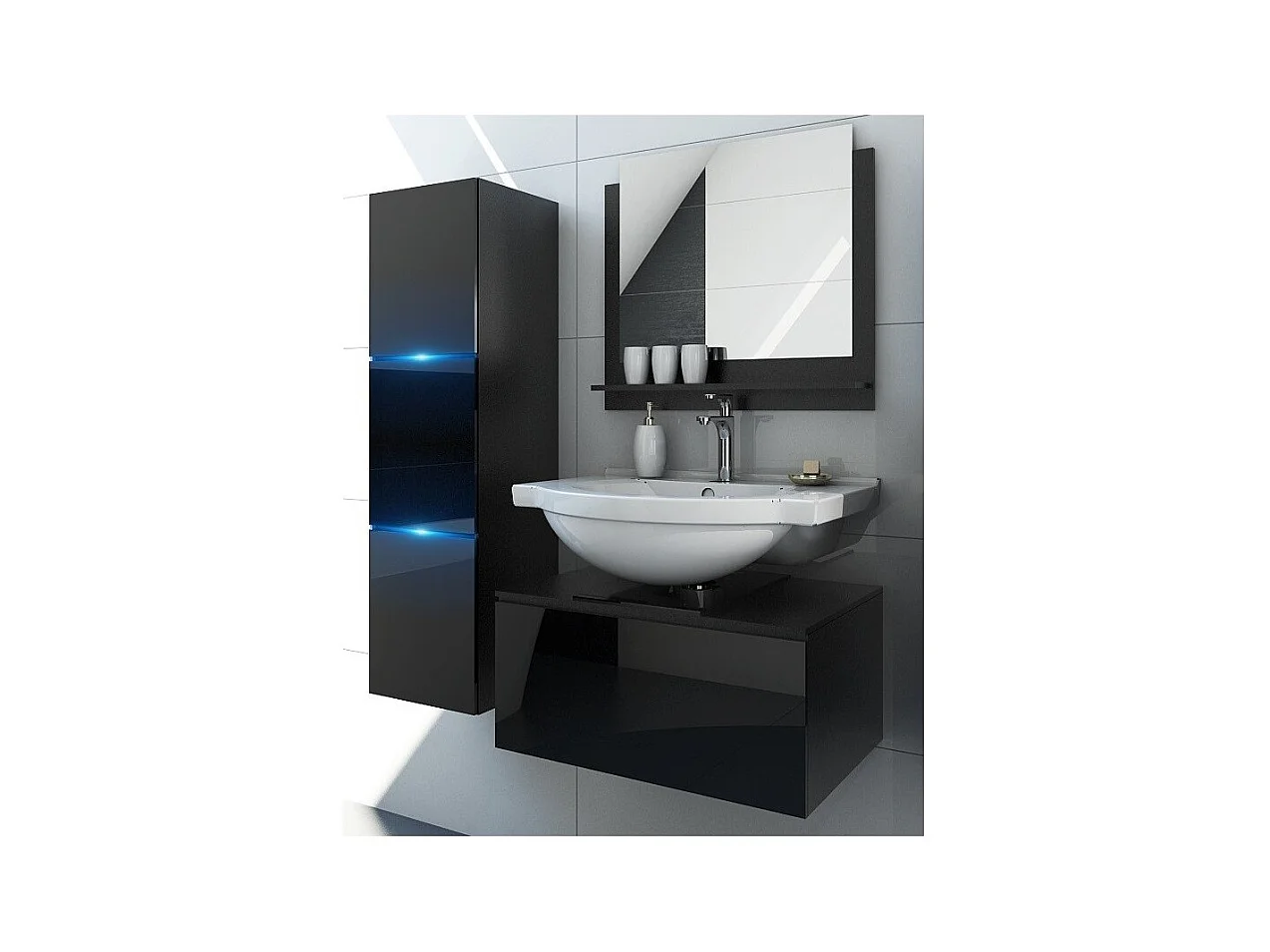 Ensemble meubles de salle de bain noir collection OWL. Colonne, meuble sous vasque, miroir, siphon et leds