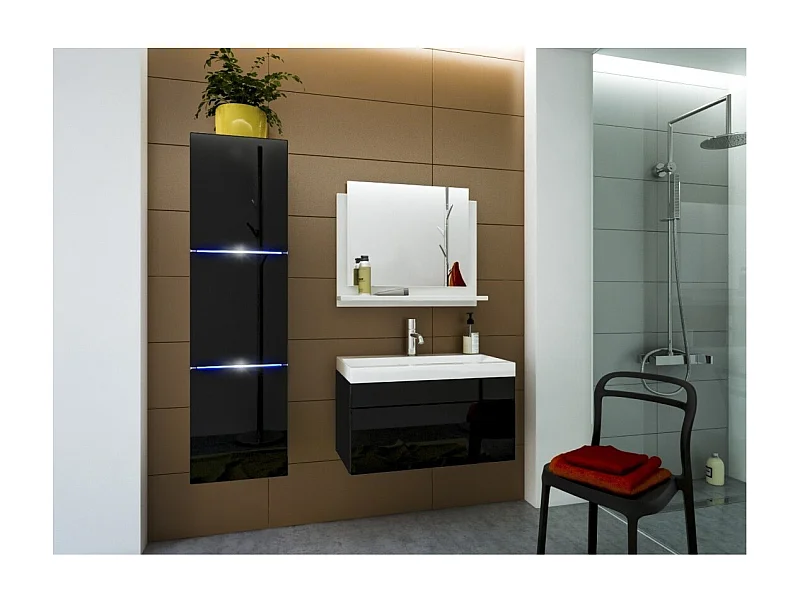 Conjunto de muebles de baño negro, colección RAVEN. Columna, mueble bajo lavabo, lavabo de 60cm, espejo, sifón y leds.