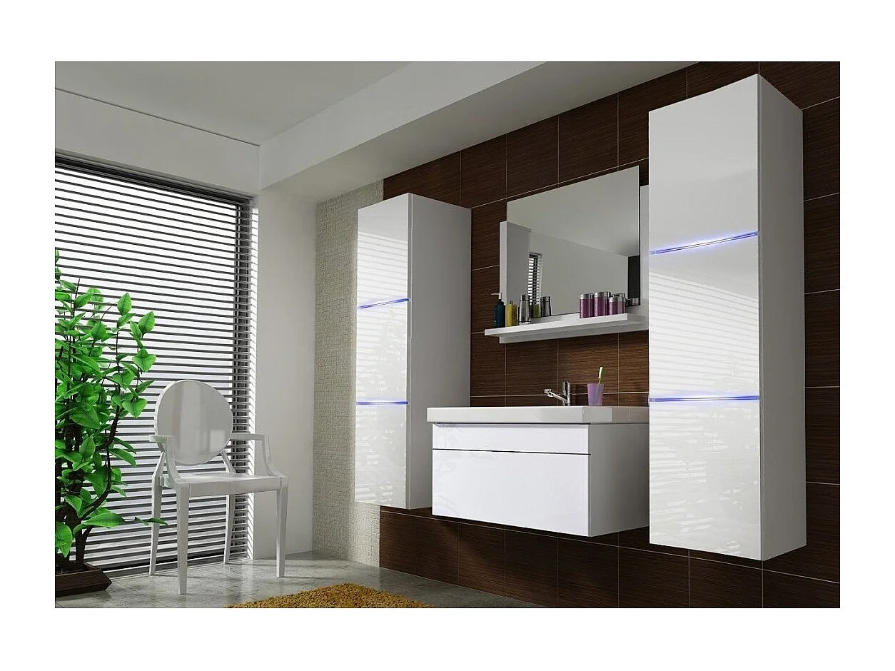 Set di mobili da bagno bianchi, collezione RAVEN. 2 colonne, specchio, mobiletto sotto lavabo, lavabo 80cm, sifone e led.