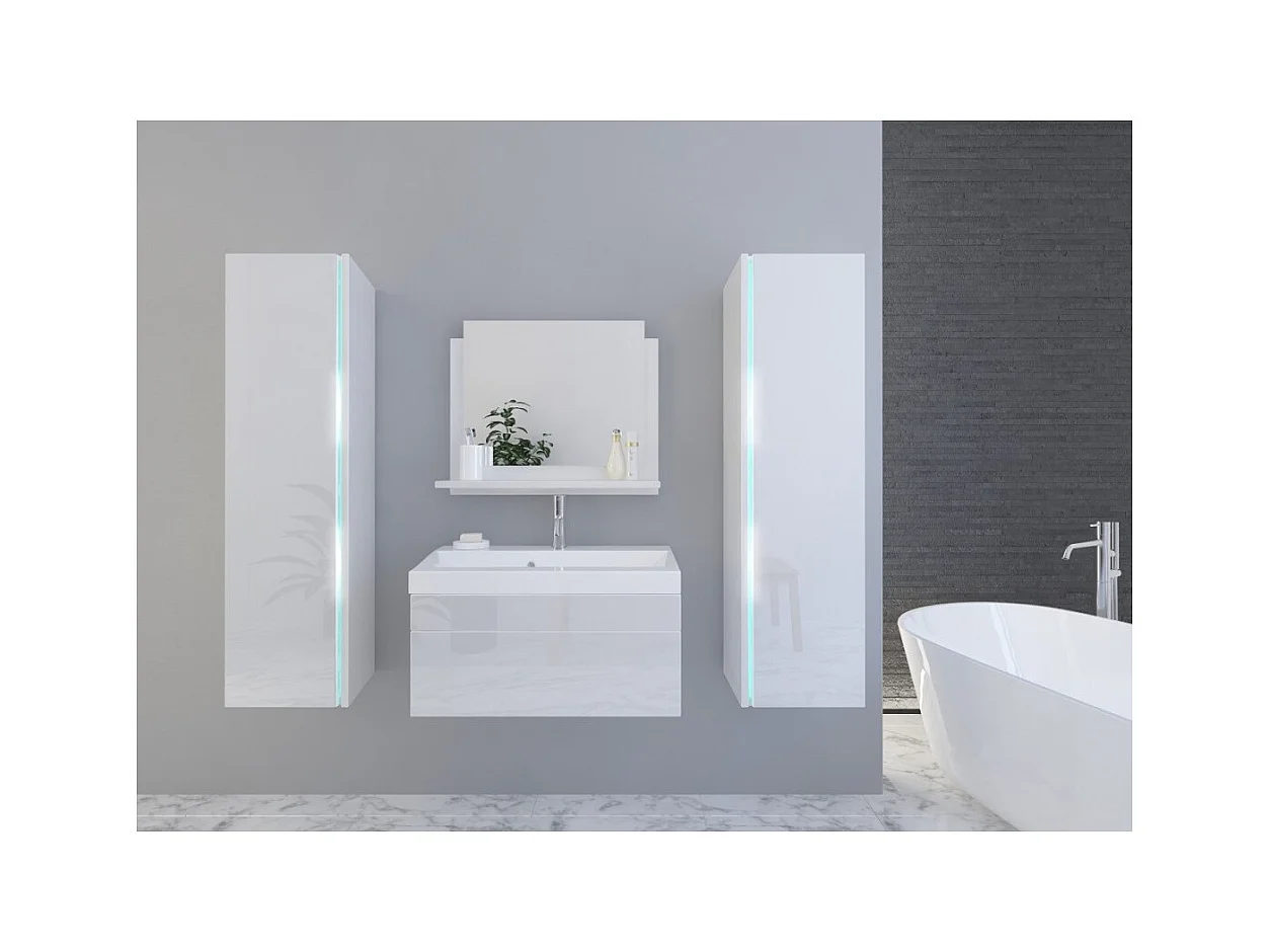 Ensemble meubles de salle de bain blanc collection BIRD. 2 Colonnes, meuble sous vasque, vasque