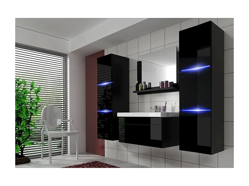 Conjunto de muebles de baño colección RAVEN, color negro mate y brillante, con espejo.