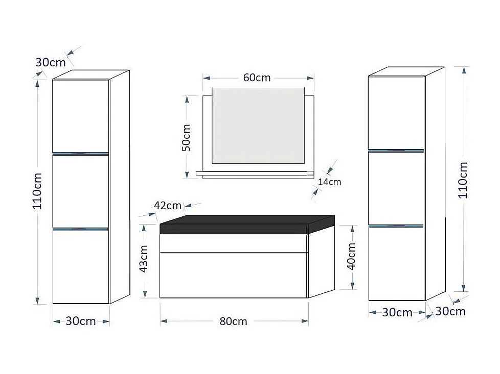 Conjunto de muebles de baño colección RAVEN, color negro mate y brillante, con espejo.