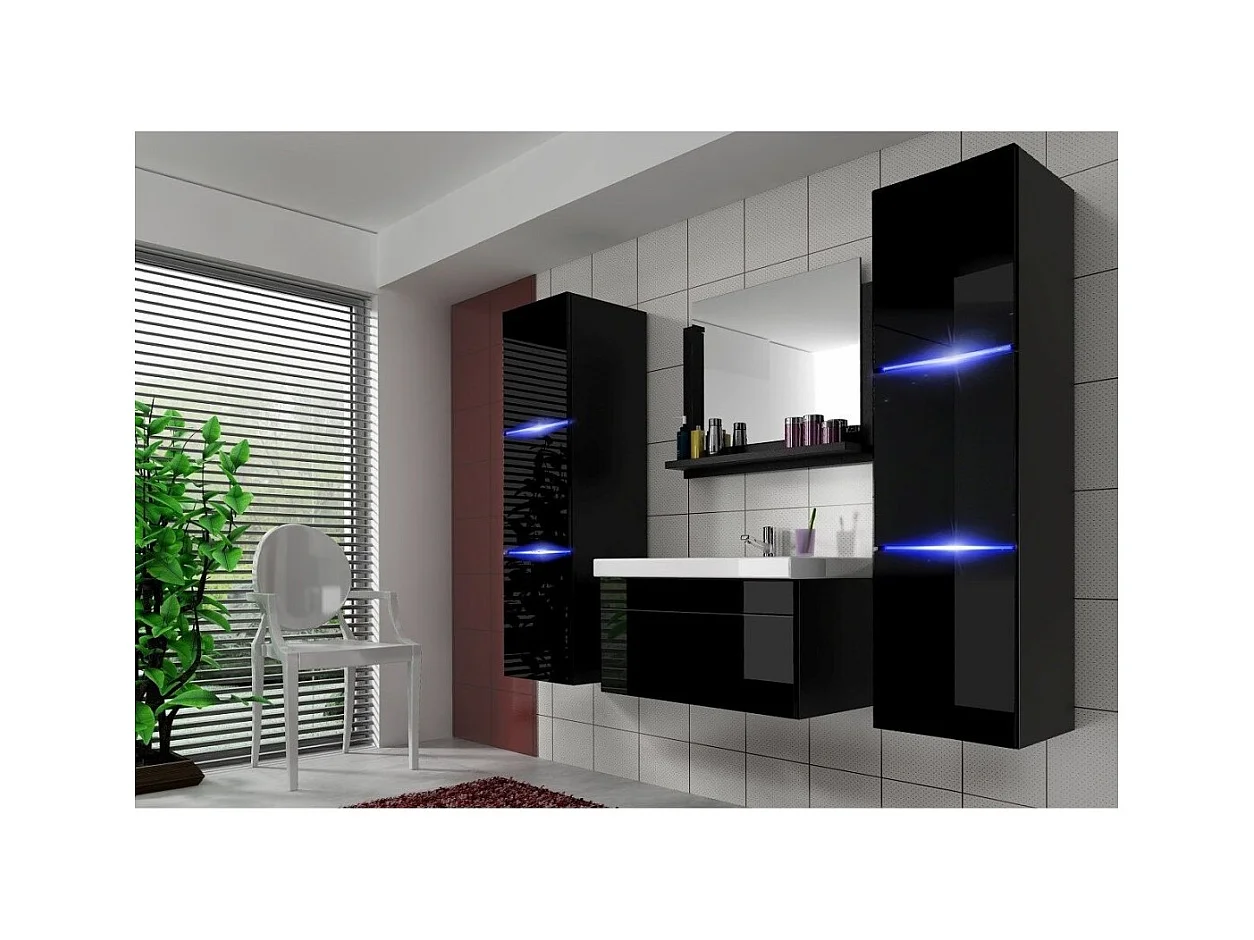 Ensemble meubles de salle de bain collection RAVEN, coloris noir mat et brillant, avec miroir