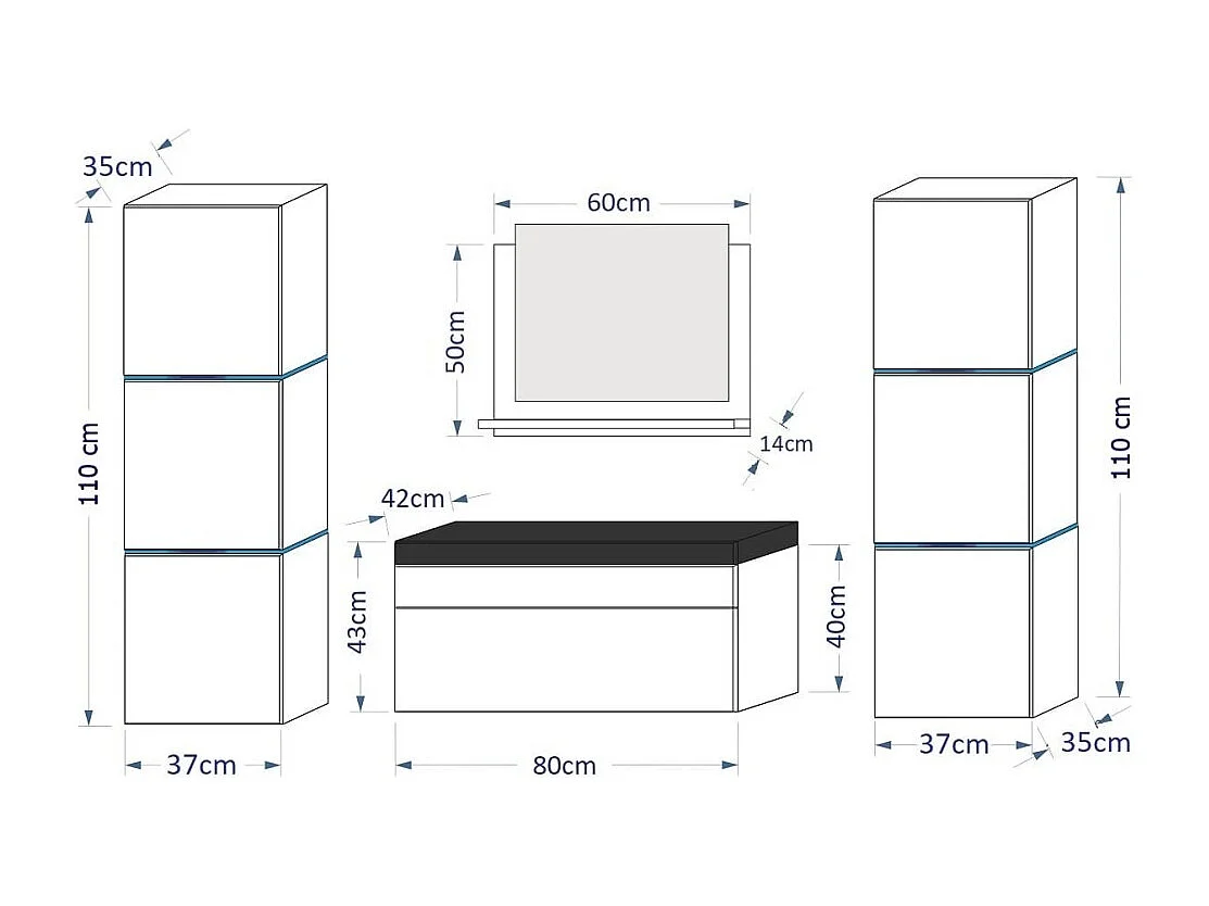 Conjunto de muebles de baño negro colección OWL. 2 columnas, mueble bajo lavabo, lavabo de 80cm.