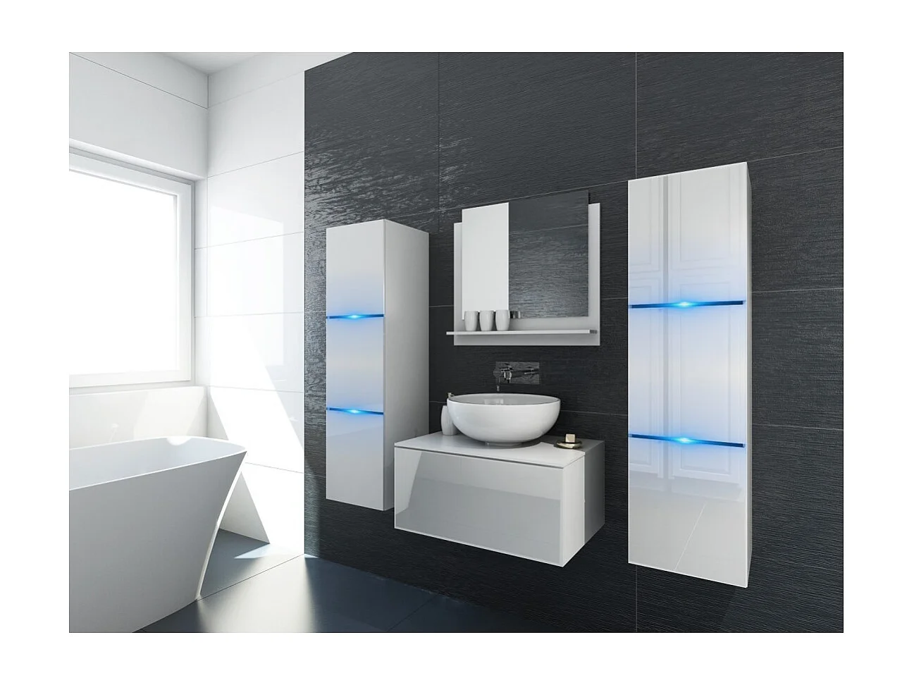 Conjunto de muebles de baño blancos colección OWL. 2 columnas, mueble bajo lavabo, espejo.