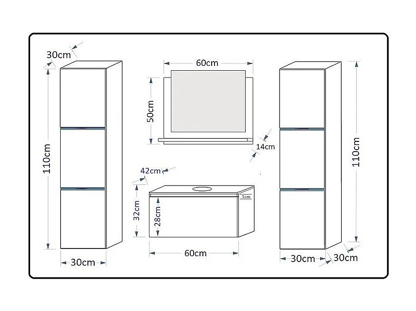Ensemble meubles de salle de bain blanc collection OWL. 2 colonnes, meuble sous vasque, miroir