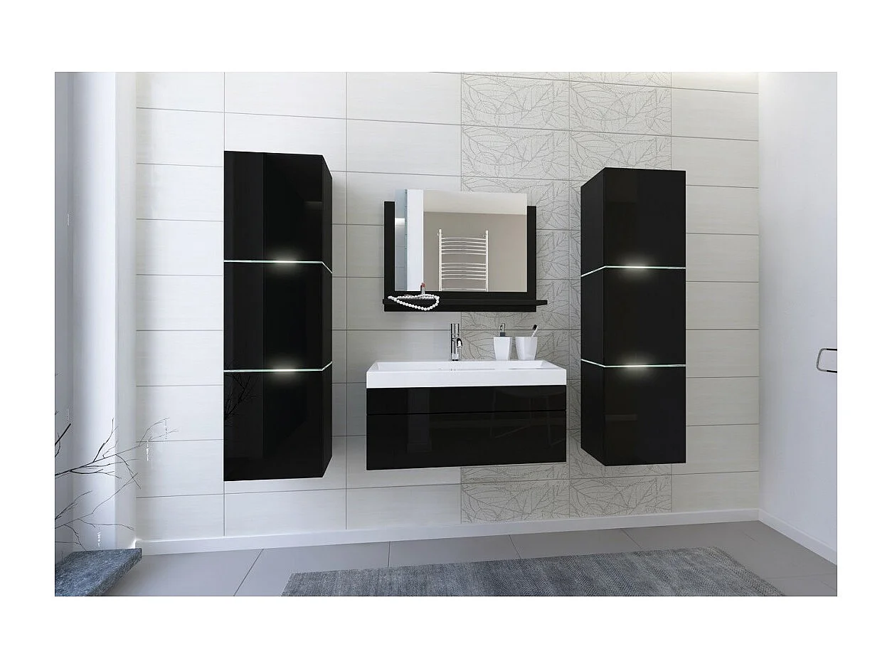 Conjunto de muebles de baño negro, colección OWL. 2 columnas, mueble bajo lavabo, lavabo de 60cm, espejo, sifón y leds.