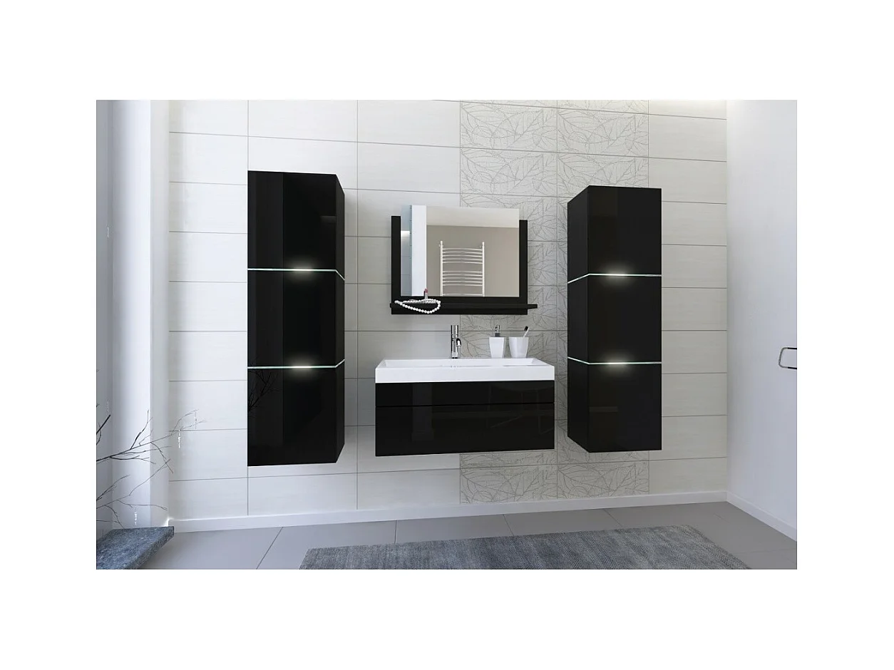 Ensemble meubles de salle de bain noir, collection OWL. 2 Colonnes, meuble sous vasque, vasque 60cm, miroir, siphon et leds.