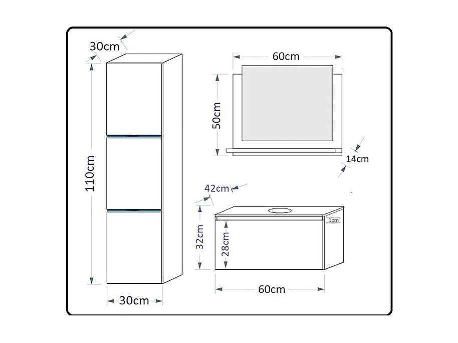 Weißes Badezimmermöbelset aus der OWL-Kollektion. Hochschrank, Waschbeckenunterschrank, Spiegel, Siphon und LEDs.
