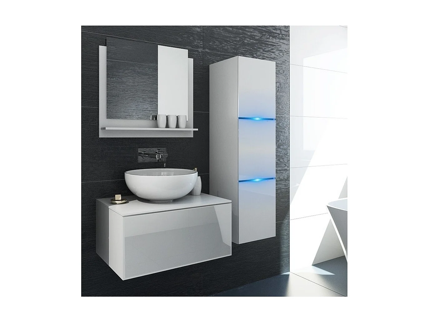 Ensemble meubles de salle de bain blanc collection OWL. Colonne, meuble sous vasque, miroir, siphon et leds