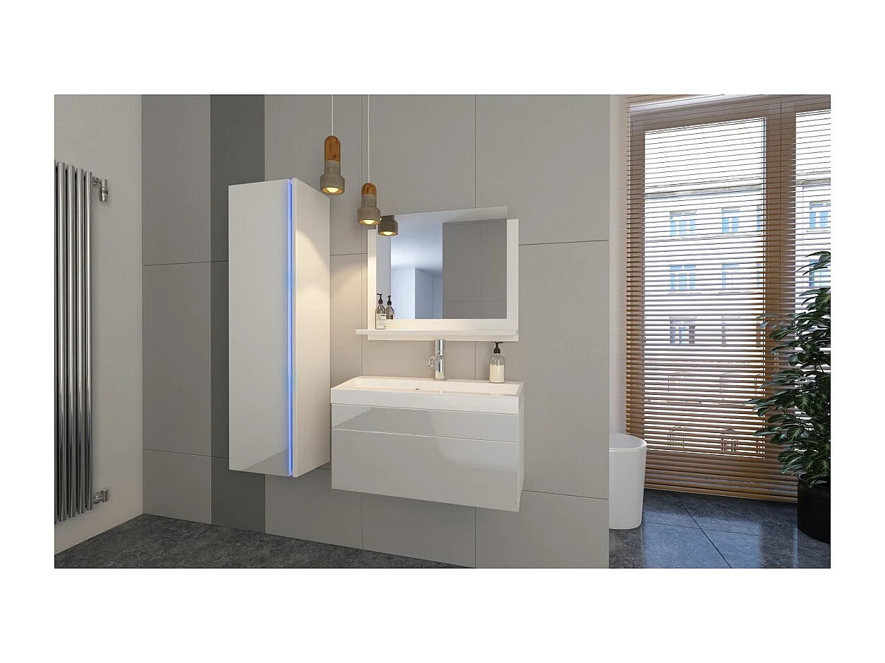 Conjunto de móveis para banheiro coleção BIRD, cor branca fosca e brilhante com uma coluna e pia de 80cm.