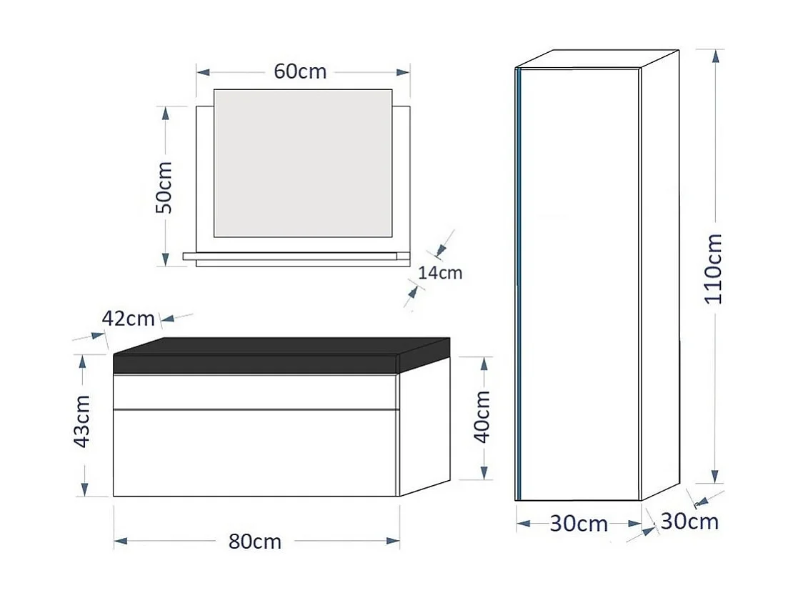 Conjunto de móveis para banheiro coleção BIRD, cor branca fosca e brilhante com uma coluna e pia de 80cm.