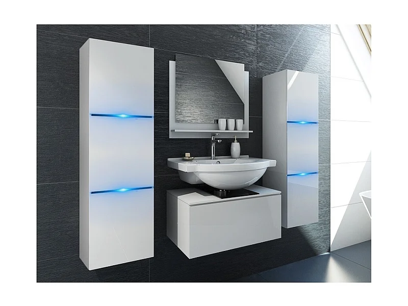 Ensemble meubles de salle de bain blanc collection OWL. 2 Colonnes, meuble sous vasque, miroir