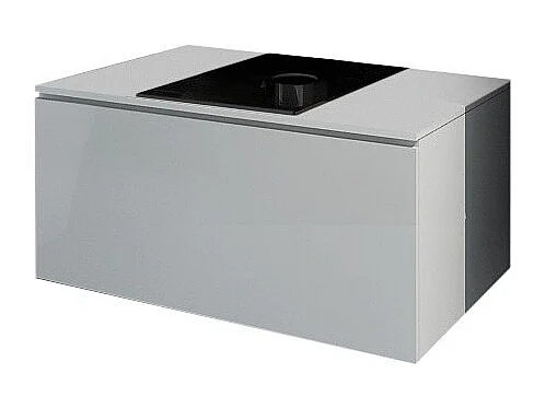 Ensemble meubles de salle de bain blanc collection OWL. Colonne, meuble sous vasque, miroir, siphon et leds