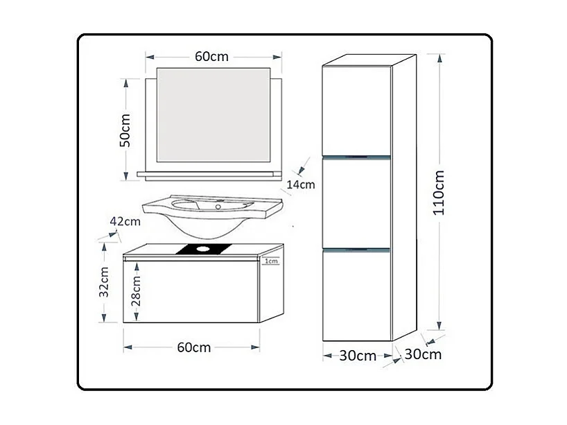 Ensemble meubles de salle de bain blanc collection OWL. Colonne, meuble sous vasque, miroir, siphon et leds