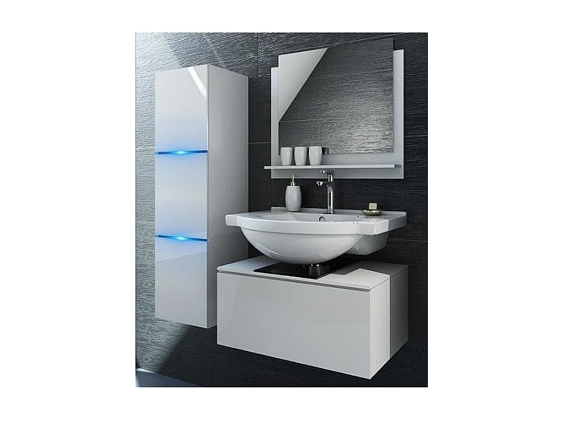 Ensemble meubles de salle de bain blanc collection OWL. Colonne, meuble sous vasque, miroir, siphon et leds