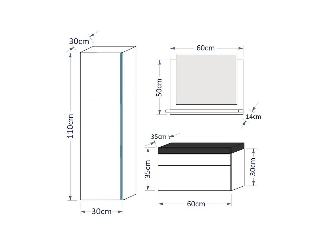 Conjunto de móveis para banheiro branco coleção BIRD. Coluna, móvel sob a pia, pia de 60cm, espelho, sifão e leds.