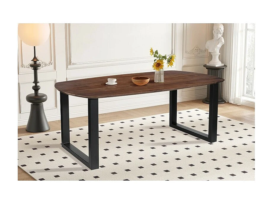 Table à manger ovale 8 personnes en bois massif coloris brun collection FRANCHIA. Pieds design en U