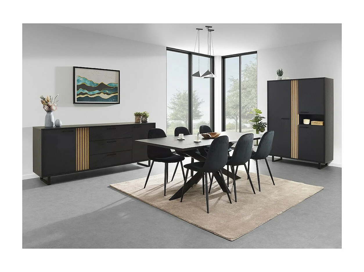 Tisch für 8 Personen für Esszimmer, Kollektion LOFT, Farbe Schwarz in Holzoptik. Metallbeine.