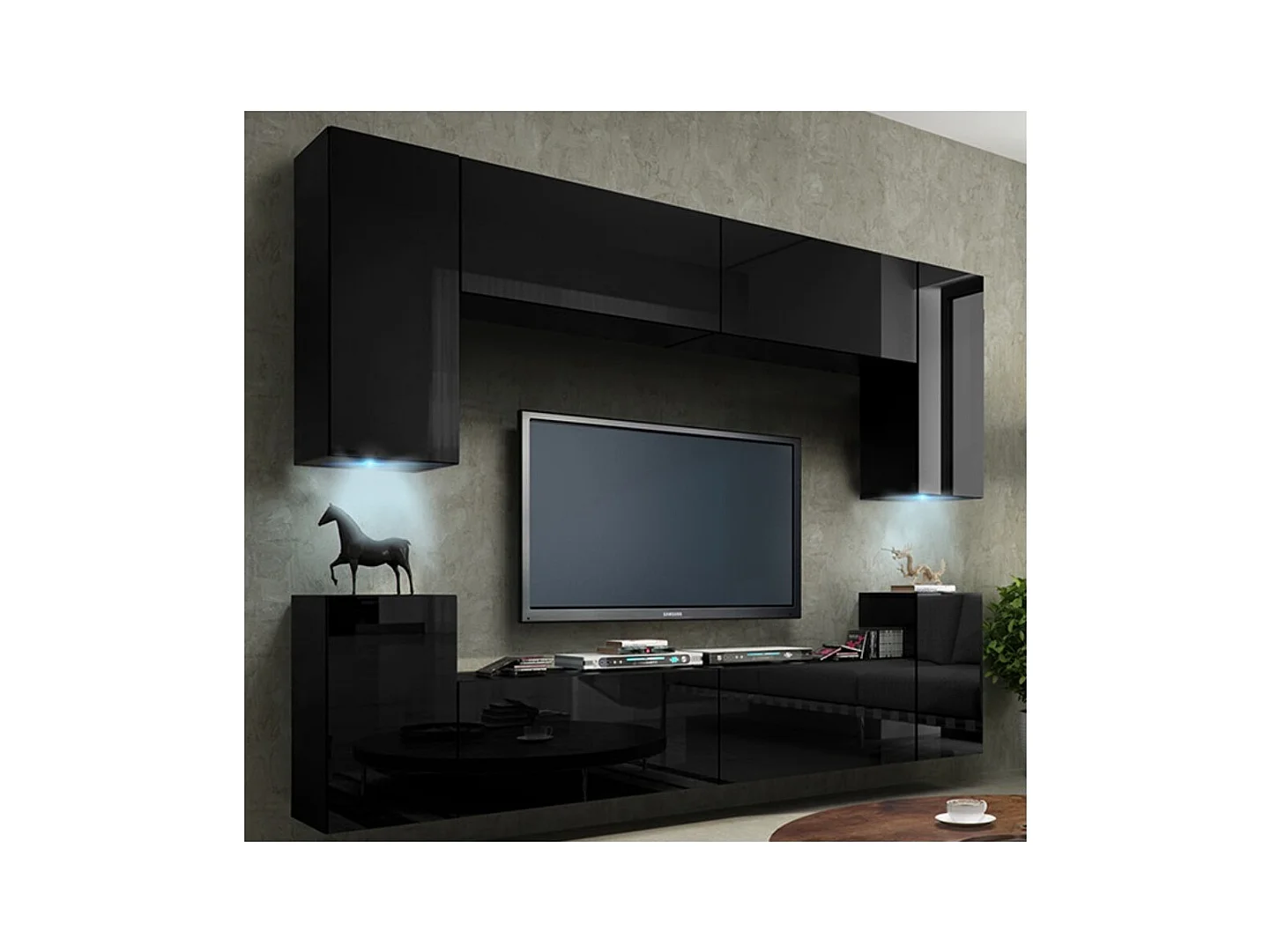 Meuble TV suspendu 240cm collection CEPTO, 4 portes, coloris noir brillant.