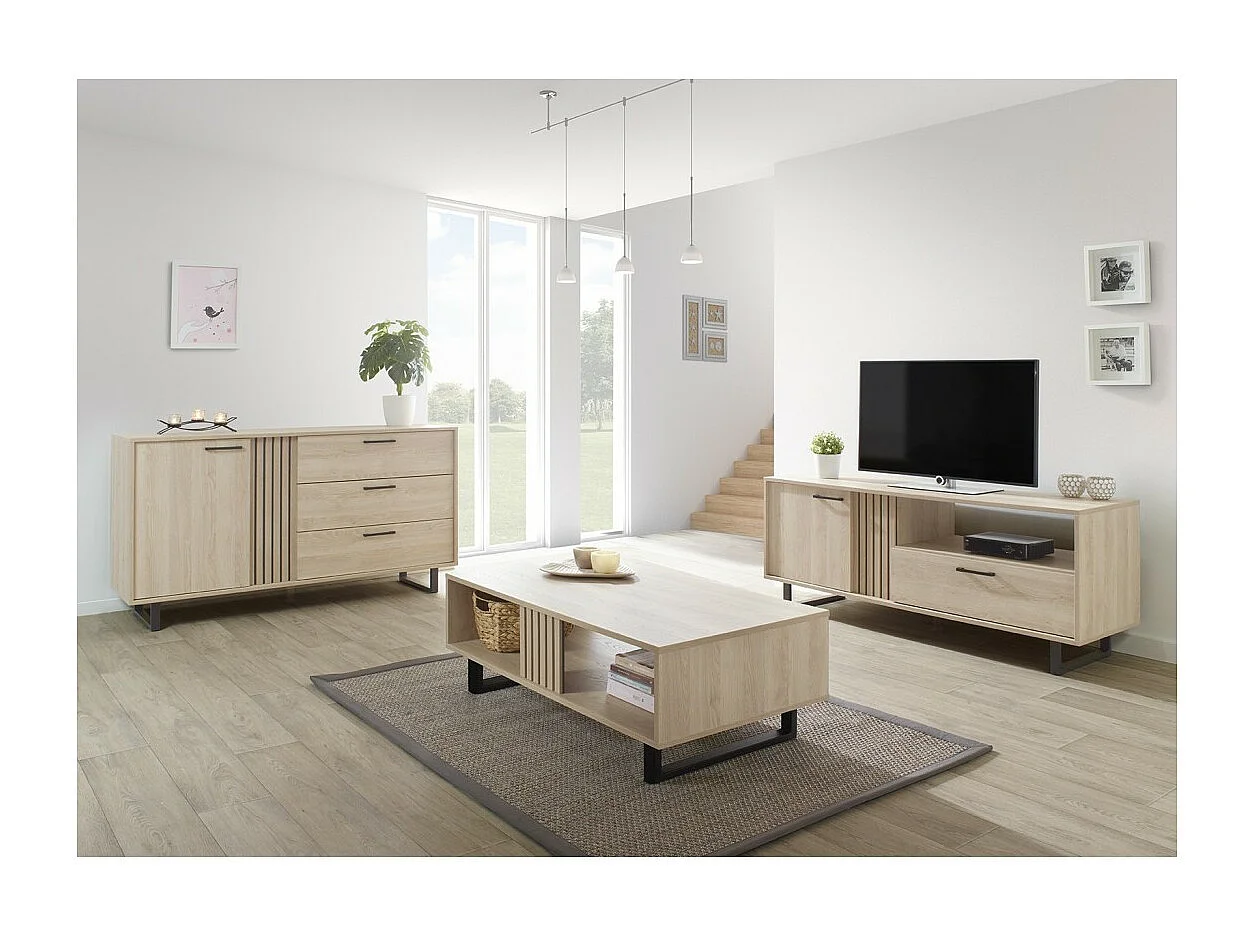 Meuble TV LOFT – Chêne clair avec 2 portes et 1 niche – L164 x H64 x P50 cm