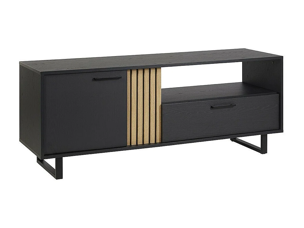 Móvel de TV 165cm nas cores preto e carvalho com 2 portas e 1 nicho da coleção LOFT. Pés de metal.