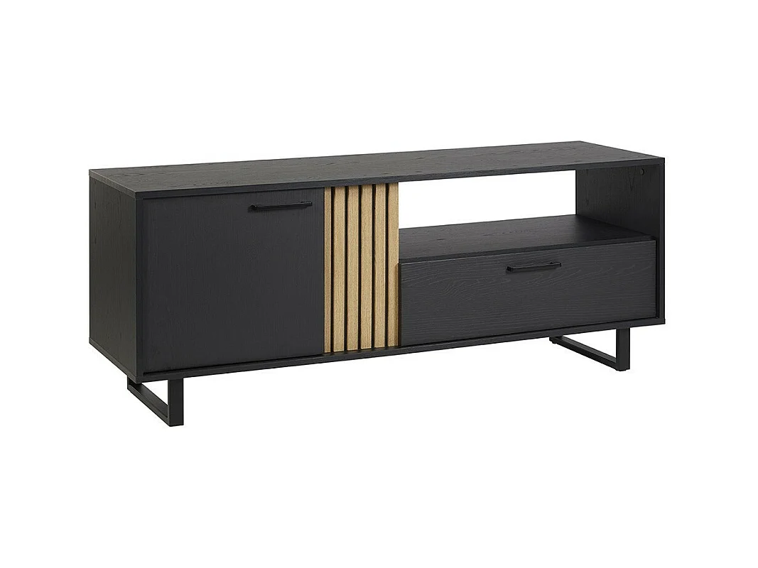 Meuble TV LOFT – Noir et chêne avec 2 portes et 1 niche – L164 x H64 x P50 cm