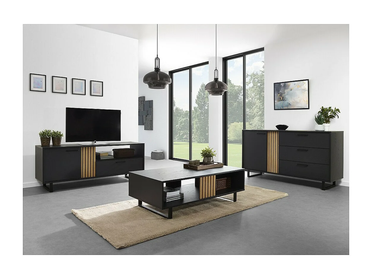 Meuble TV LOFT – Noir et chêne avec 2 portes et 1 niche – L164 x H64 x P50 cm